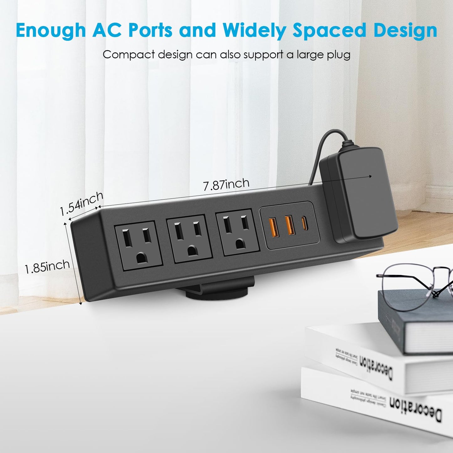 CCCEI Desk Clamp Power Strip with USB-A and USB-C Ports, Desktop Mount Surge Protector 1200J, Widely Spaced Desk Outlet Station, Fast Charging, 6 FT Flat Plug, Fit 1.9 inch Tabletop Edge. (Black)