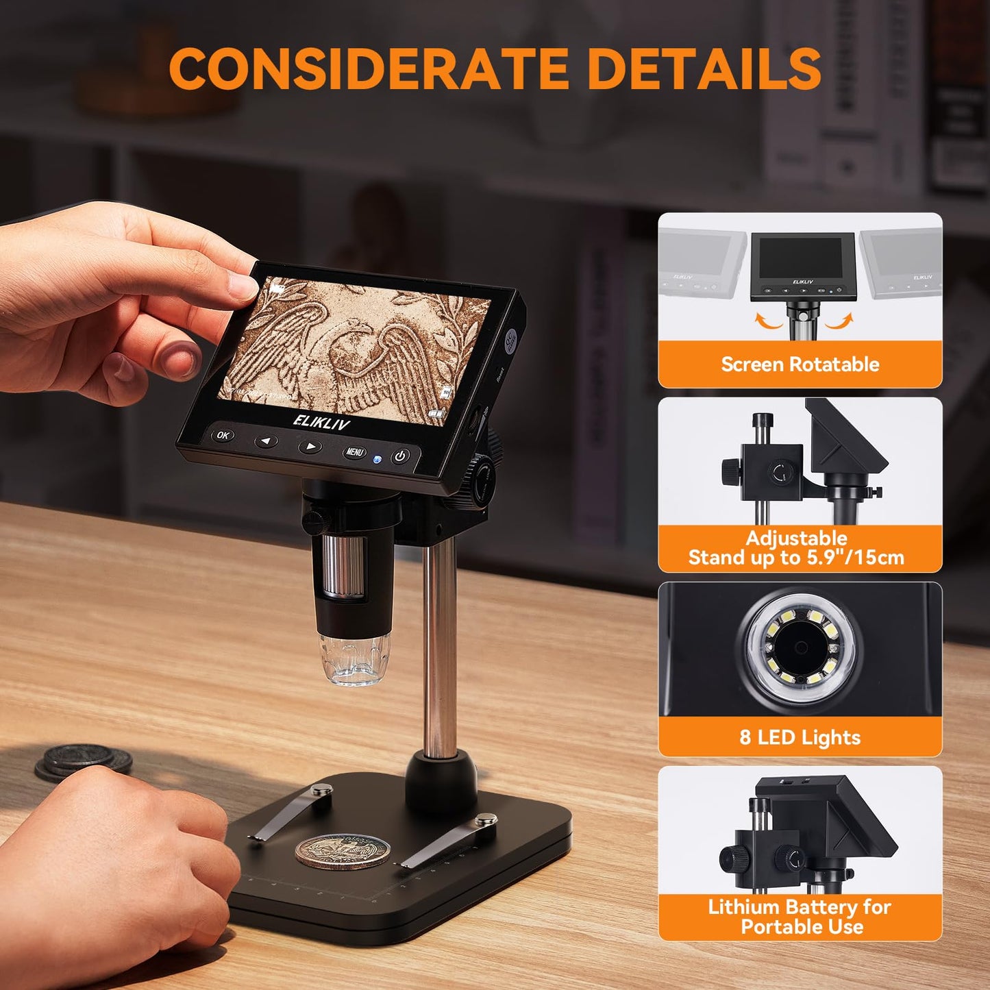Elikliv Microscope, LCD Digital Coin Microscope 1000x, Coin Magnifier with 8 Adjustable LED Lights, PC View Compatible with Windows/MacBook, EDM4, 4.3 Inch