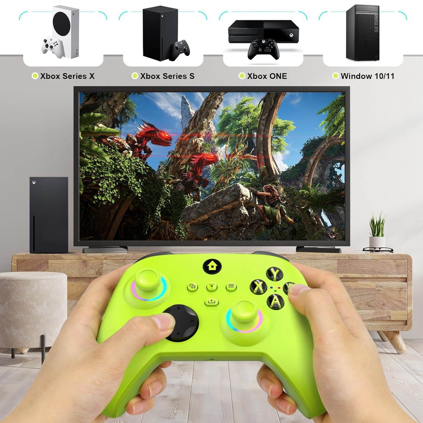 W&O Wireless Controller Compatible With Xbox One, Xbox Series X/S, Xbox One X/S, PC, With RGB LED Light, Mappable Buttons, 3.5mm Headphone Jack, With 2.4GHZ Wireless Adapter Gamepad (Electric Volt)
