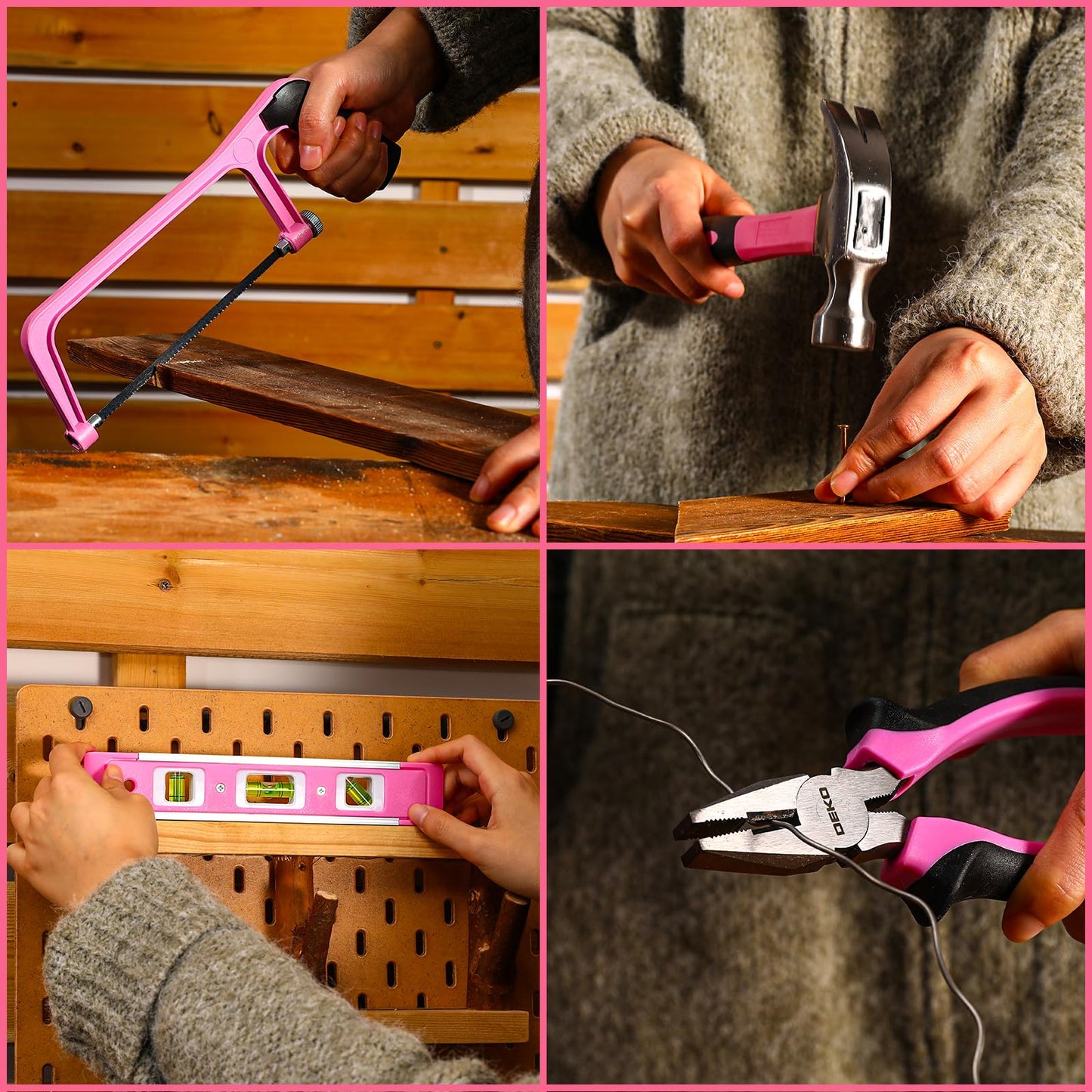 Pink Tool Kit Box Drill Set:DEKOPRO Home Mechanic Toolbox with 12V Power Cordless Drill Hand Repair Tools Sets Combo Kits Storage Organizer Drawer Case for Men & Women