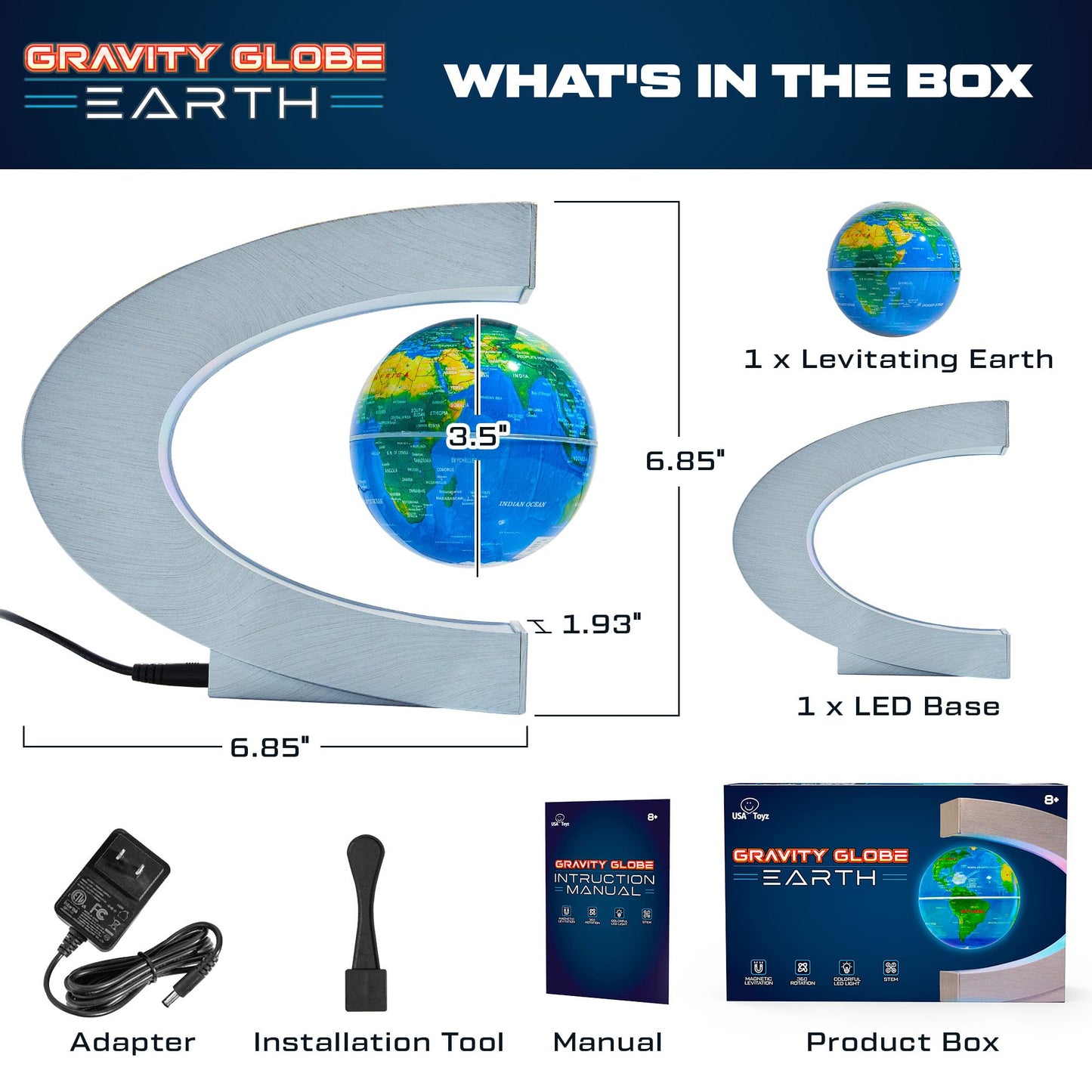 USA Toyz Gravity Globe Earth Ball and C Frame Set - Magnetic Levitating Globe Lamp with Multicolor LED Lights, Spinning Rotating Floating Globe for Desk, Stand Compatible with USA Toyz Gravity Planets