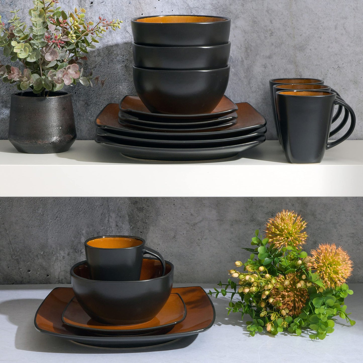 Gibson Soho Lounge Square Reactive Glaze Dinnerware Set, Red, Service for 4 (16pcs)