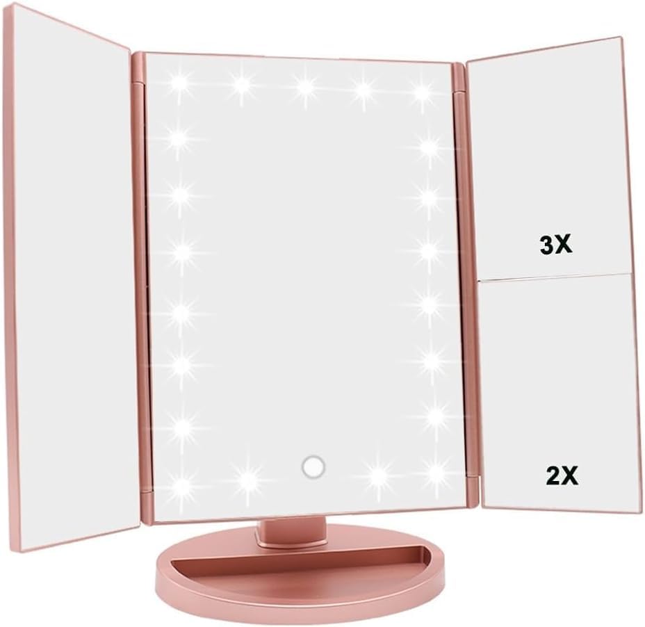 WEILY Makeup Mirror with 21 LED Lights,Two Power Supply Modes, Adjustable Touch Screen and 1x/2x/3x Magnification Tri-Fold Vanity Mirror,Chargeable Travel Cosmetic Mirror for Desktop(White)