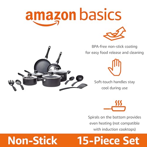 Amazon Basics Non Stick 8-Piece Kitchen Cookware Set, Includes Pots and Pans, Black