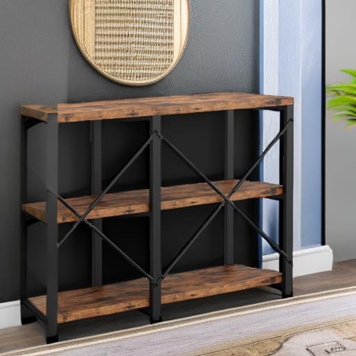 IRONCK Rustic Entryway Console Table, Long Hallway Table 55 in 3-Tier, TV Stand Entertainment Center Media Stand for Living Room, Industrial Style, Vintage Brown