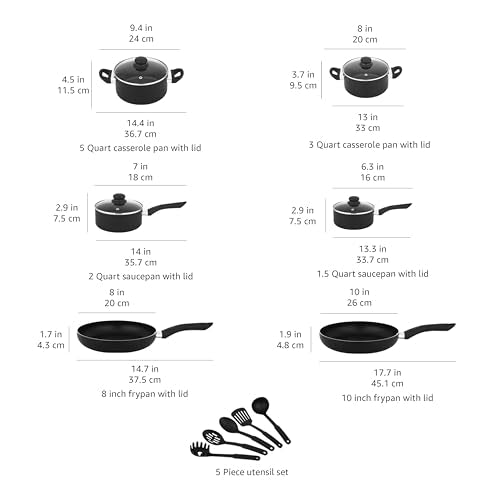 Amazon Basics Non Stick 8-Piece Kitchen Cookware Set, Includes Pots and Pans, Black