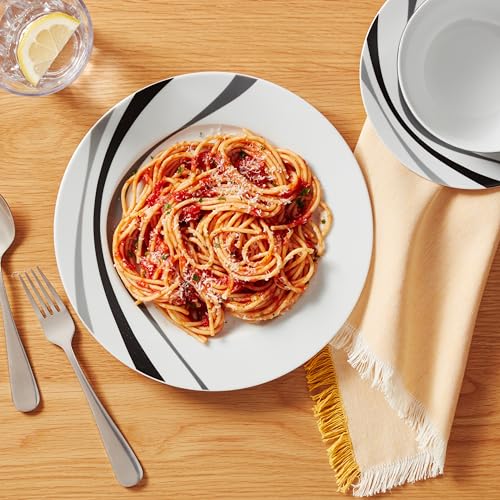 Amazon Basics 18-Piece Kitchen Dinnerware Set, Plates, Dishes, Bowls, Service for 6, White Porcelain Coupe