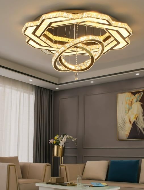 Flashing God Crystal Chandeliers Dia 32" Silver Elegant Chandelier Flush Mount Ceiling Light for Bedroom Living Room Dining Room Hallway Dimmable 3 Rings LED Celing Lighting Fixtures