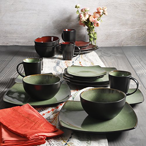Gibson Soho Lounge Square Reactive Glaze Dinnerware Set, Red, Service for 4 (16pcs)