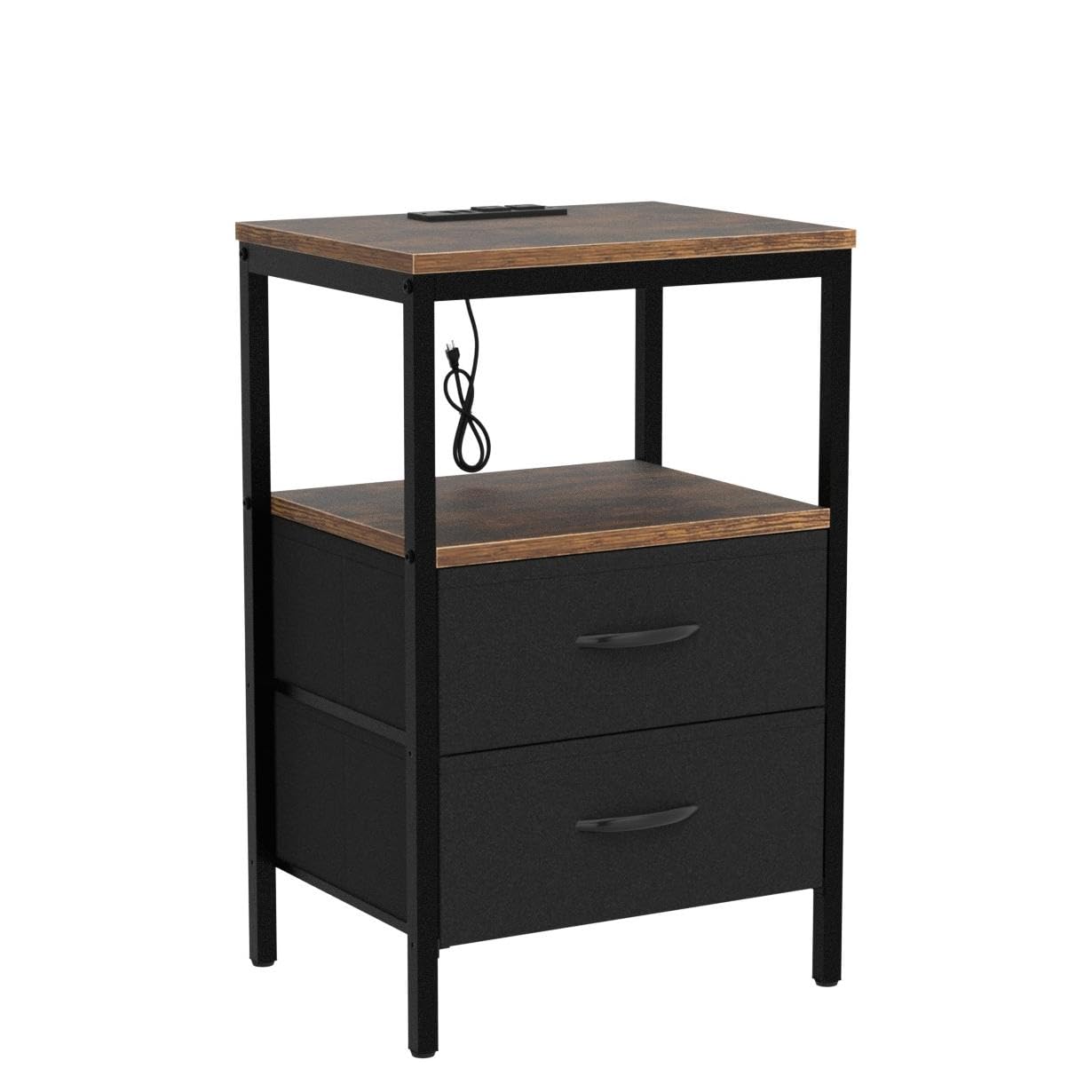 Huuger Nightstand with Charging Station, Side Table with Fabric Drawers, End Table with Open Shelf, Bedside Table with USB Ports and Outlets, Night Stand for Bedroom, Rustic Brown and Black