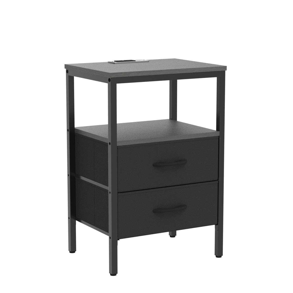 Huuger Nightstand with Charging Station, Side Table with Fabric Drawers, End Table with Open Shelf, Bedside Table with USB Ports and Outlets, Night Stand for Bedroom, Rustic Brown and Black