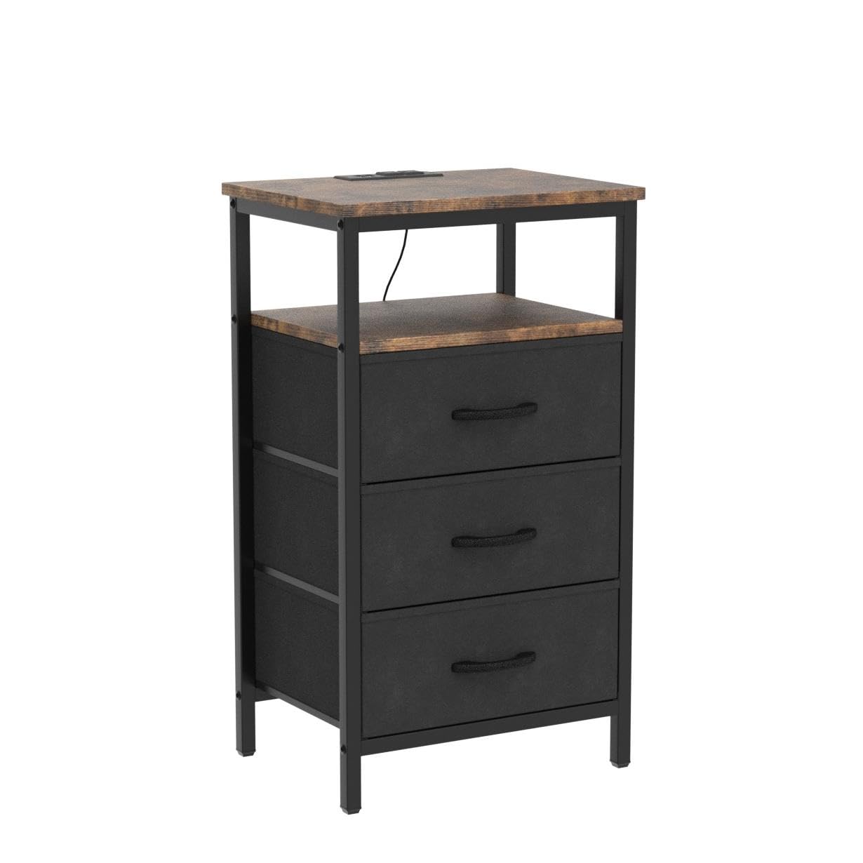 Huuger Nightstand with Charging Station, Side Table with Fabric Drawers, End Table with Open Shelf, Bedside Table with USB Ports and Outlets, Night Stand for Bedroom, Rustic Brown and Black