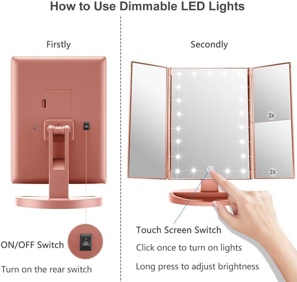 WEILY Makeup Mirror with 21 LED Lights,Two Power Supply Modes, Adjustable Touch Screen and 1x/2x/3x Magnification Tri-Fold Vanity Mirror,Chargeable Travel Cosmetic Mirror for Desktop(White)