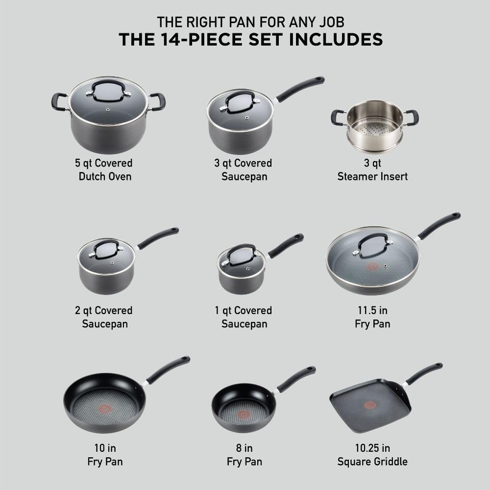 T-fal Ultimate Hard Anodized Nonstick Cookware Set 17 Piece, Oven Broiler Safe 400F, Lid Safe 350F, Kitchen Cooking Set w/ Fry Pans, Saucepans, Saute Pan, Griddle, Pots and Pans, Dishwasher Safe Black