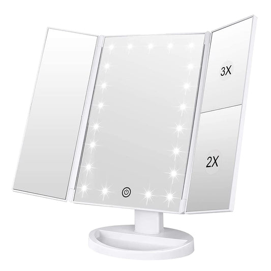 WEILY Makeup Mirror with 21 LED Lights,Two Power Supply Modes, Adjustable Touch Screen and 1x/2x/3x Magnification Tri-Fold Vanity Mirror,Chargeable Travel Cosmetic Mirror for Desktop(White)