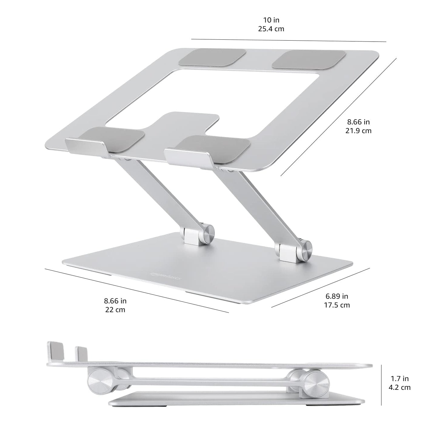 Amazon Basics Ergonomic and Foldable Laptop Stand for Desk, Adjustable Riser, Fits all Laptops and Notebooks up to 17.3 Inch, 10 x 8.7 x 6 in, Silver