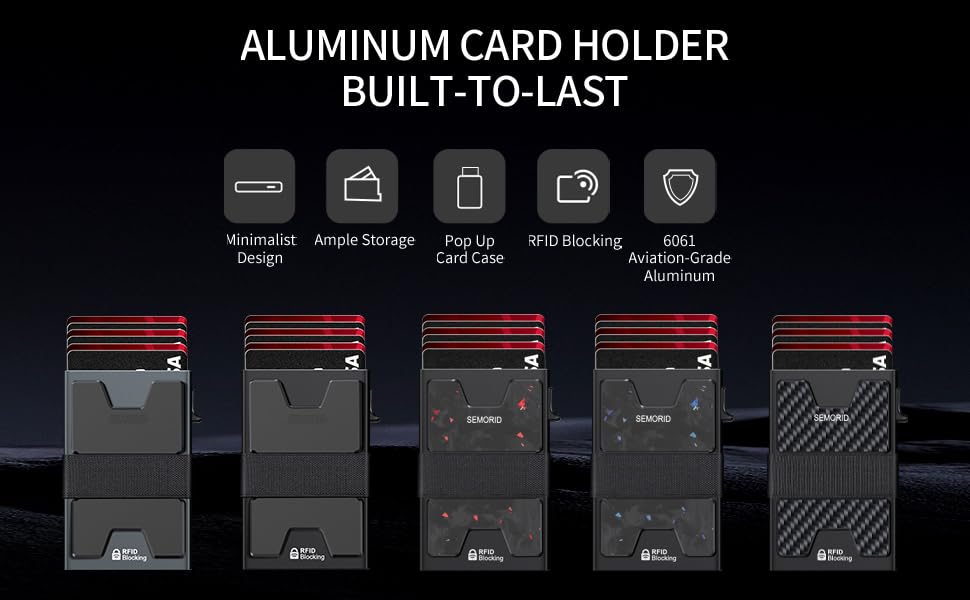 Slim Aluminum Card Holder Wallet for Men, Durable Expandable Backplate, RFID Blocking Minimalist Metal Pop Up Wallet, Holds 12+ Cards Plus Cash (Black)