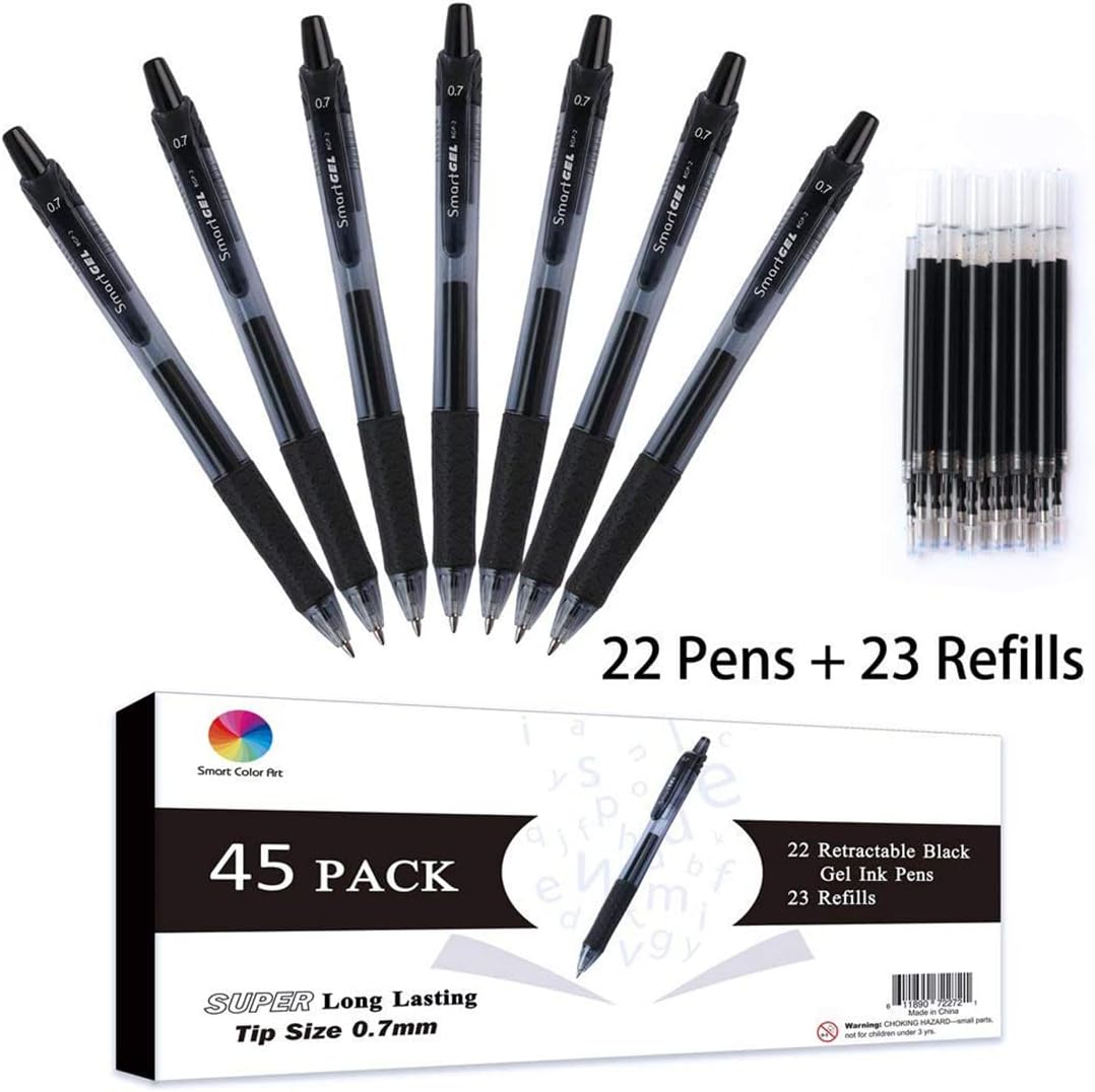 45 Pack Black Gel Pens, Retractable Medium Point Gel Ink Pens Smooth Writing for School Office Home, Comfort Grip (22 Black Pens + 23 Refills)