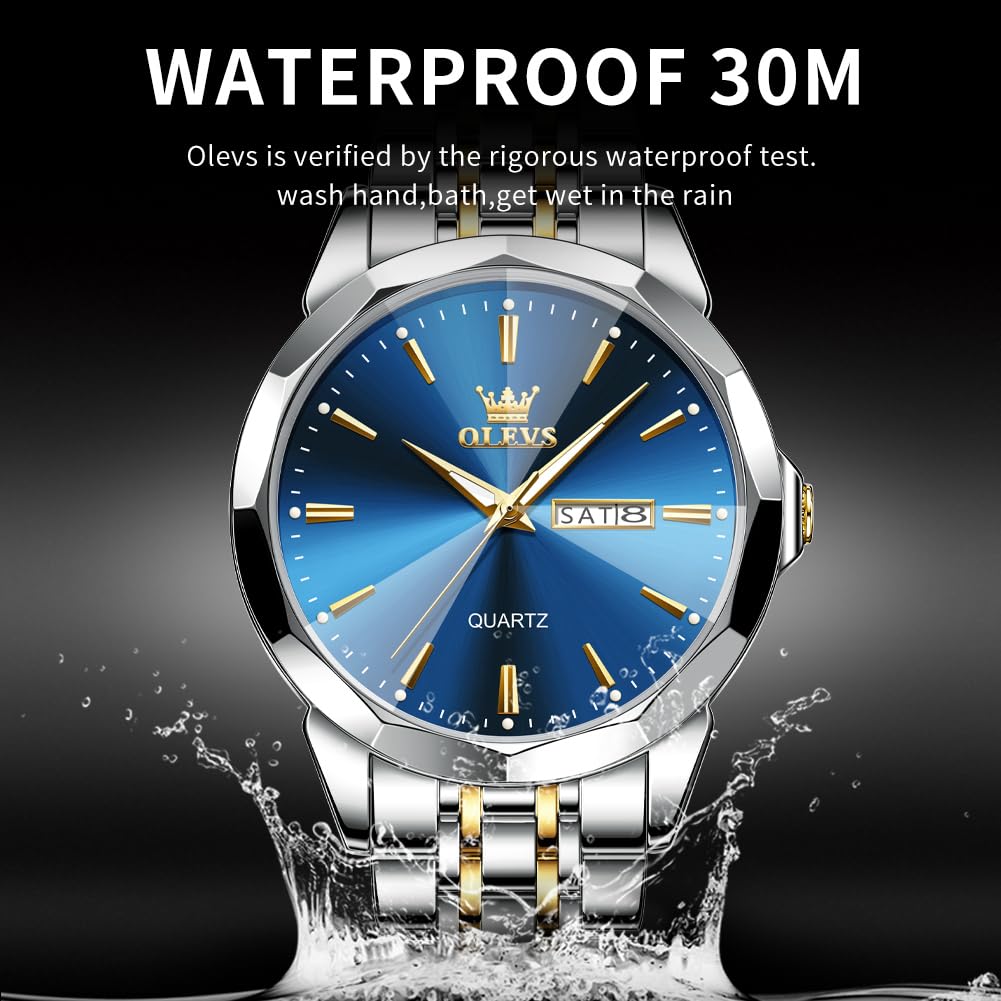 OLEVS Watch for Men Diamond Business Dress Analog Quartz Stainless Steel Waterproof Luminous Date Two Tone Luxury Casual Wrist Watch