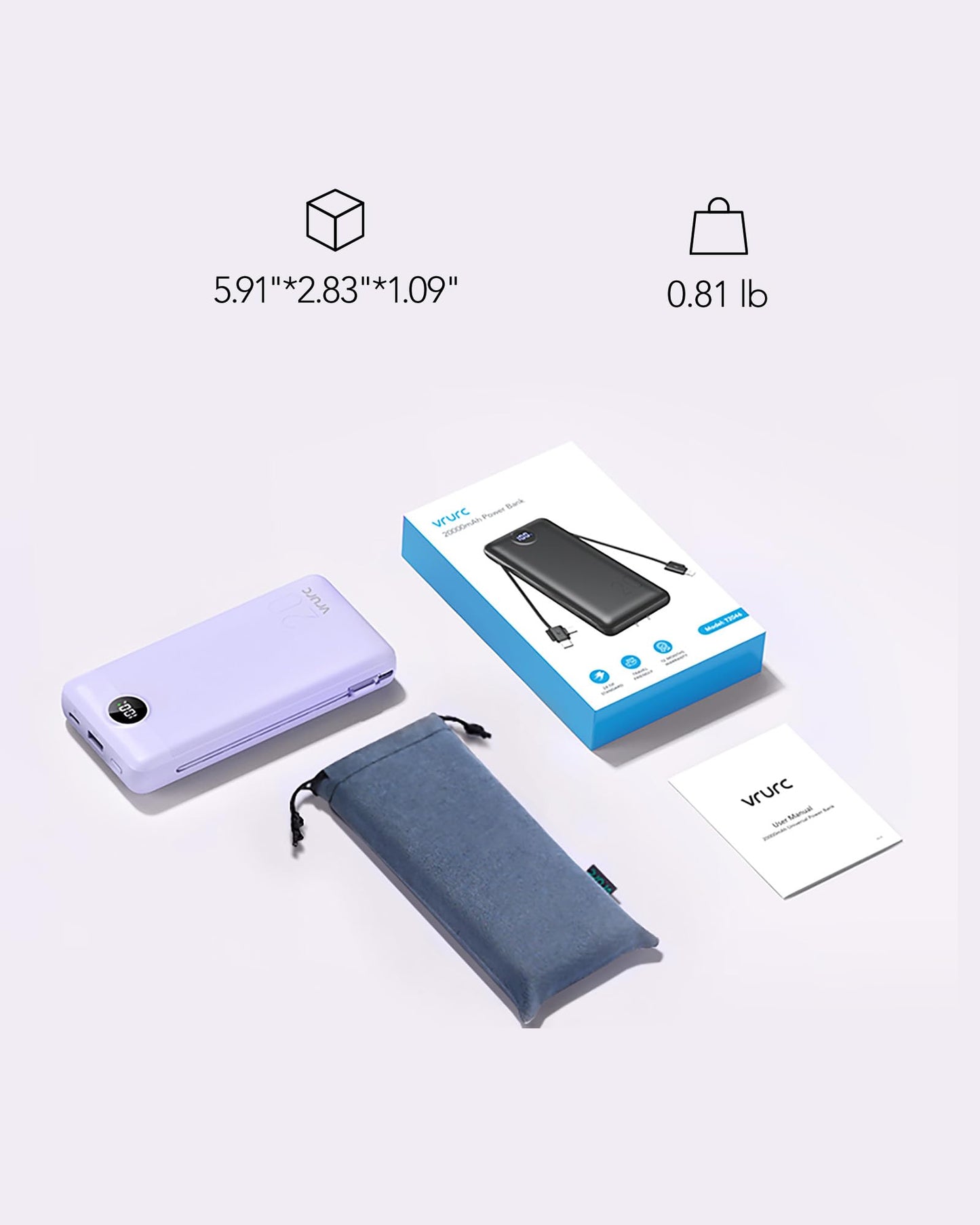 VRURC Power Bank 20000mAh, Fast Charging Portable Charger USB C,4 Output 2 Input Charging Bank Equipped with LED Display,Built-in Wall Plug and Cables,Cell Phone Replacement Battery,White