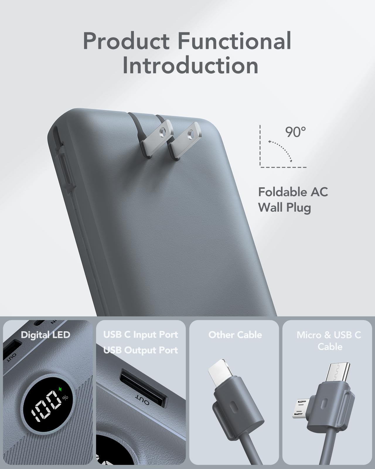 VRURC Power Bank 20000mAh, Fast Charging Portable Charger USB C,4 Output 2 Input Charging Bank Equipped with LED Display,Built-in Wall Plug and Cables,Cell Phone Replacement Battery,White