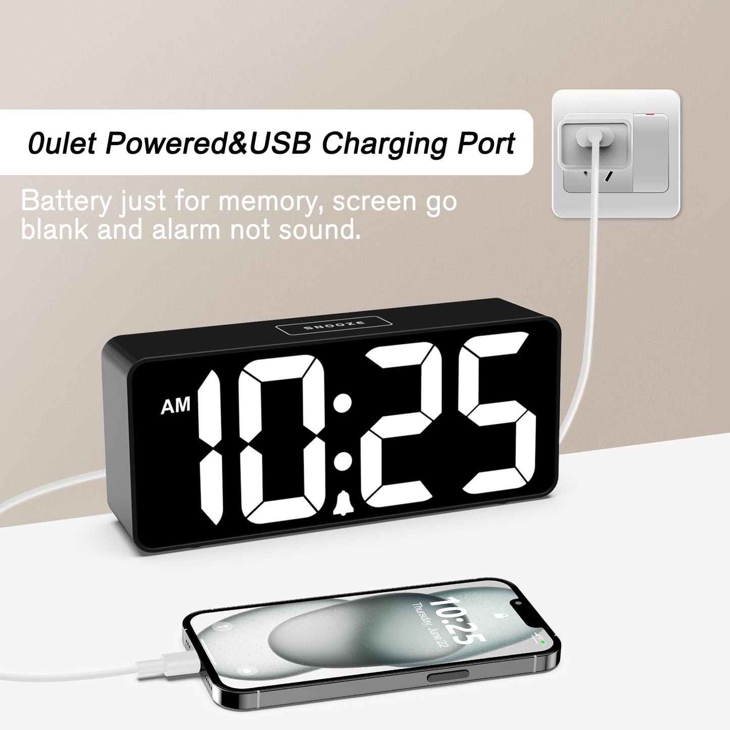 7.5 Inches Large Digital Alarm Clock for Seniors & Kids, 0-100% Dimmable Display, USB Charging Port, Adjustable Volume, Easy Operation, Snooze, Outlet Powered for Bedroom