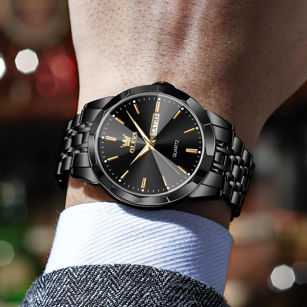 OLEVS Watch for Men Diamond Business Dress Analog Quartz Stainless Steel Waterproof Luminous Date Two Tone Luxury Casual Wrist Watch