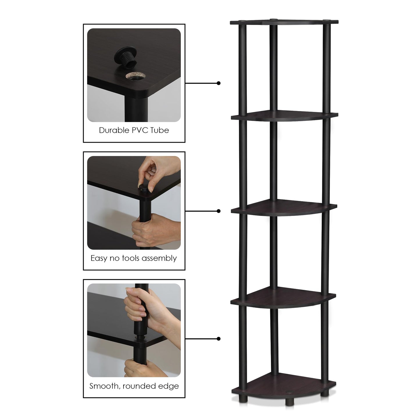 Furinno Turn-N-Tube 5 Tier Corner Display Rack Multipurpose Shelving Unit, 1-Pack, Espresso/Black