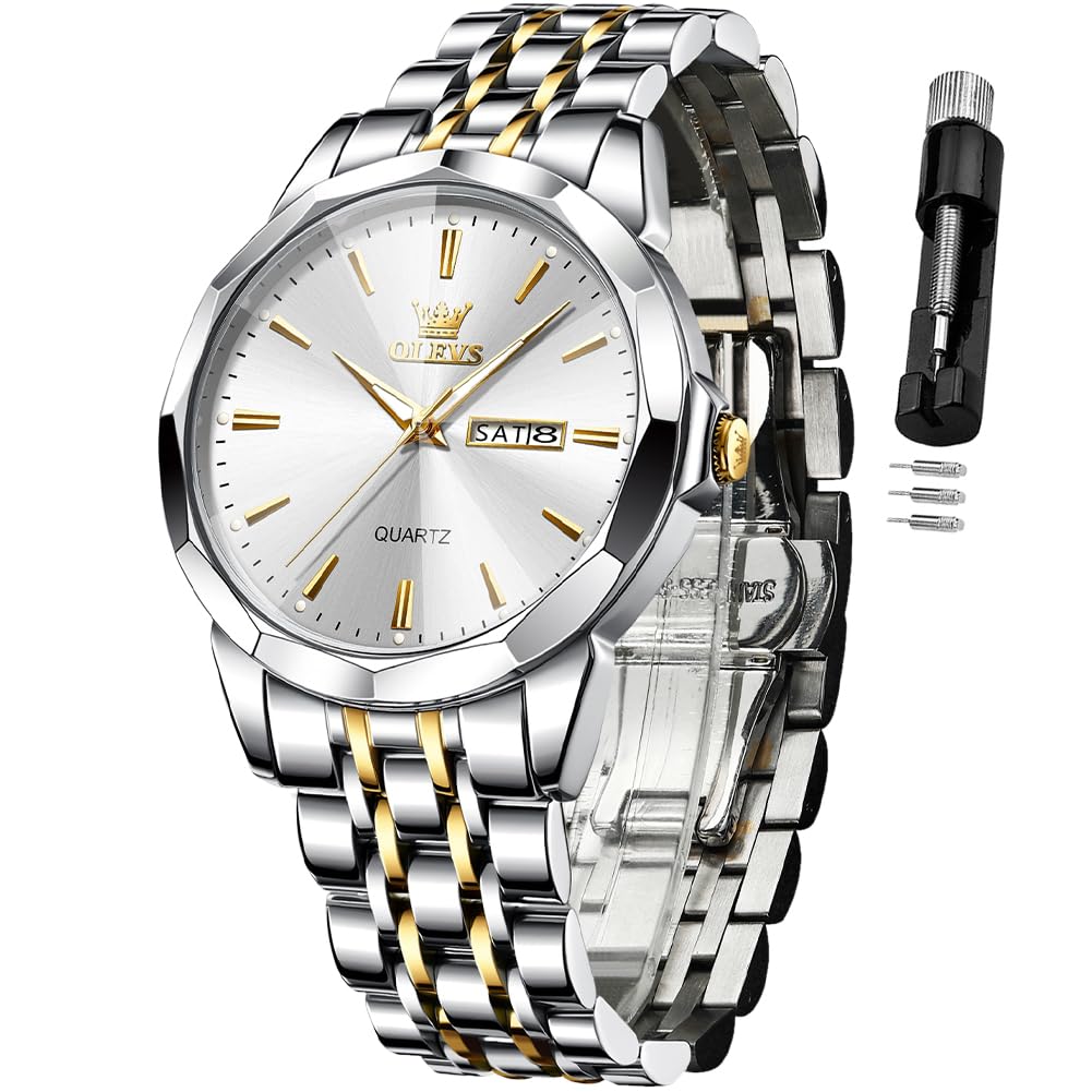 OLEVS Watch for Men Diamond Business Dress Analog Quartz Stainless Steel Waterproof Luminous Date Two Tone Luxury Casual Wrist Watch