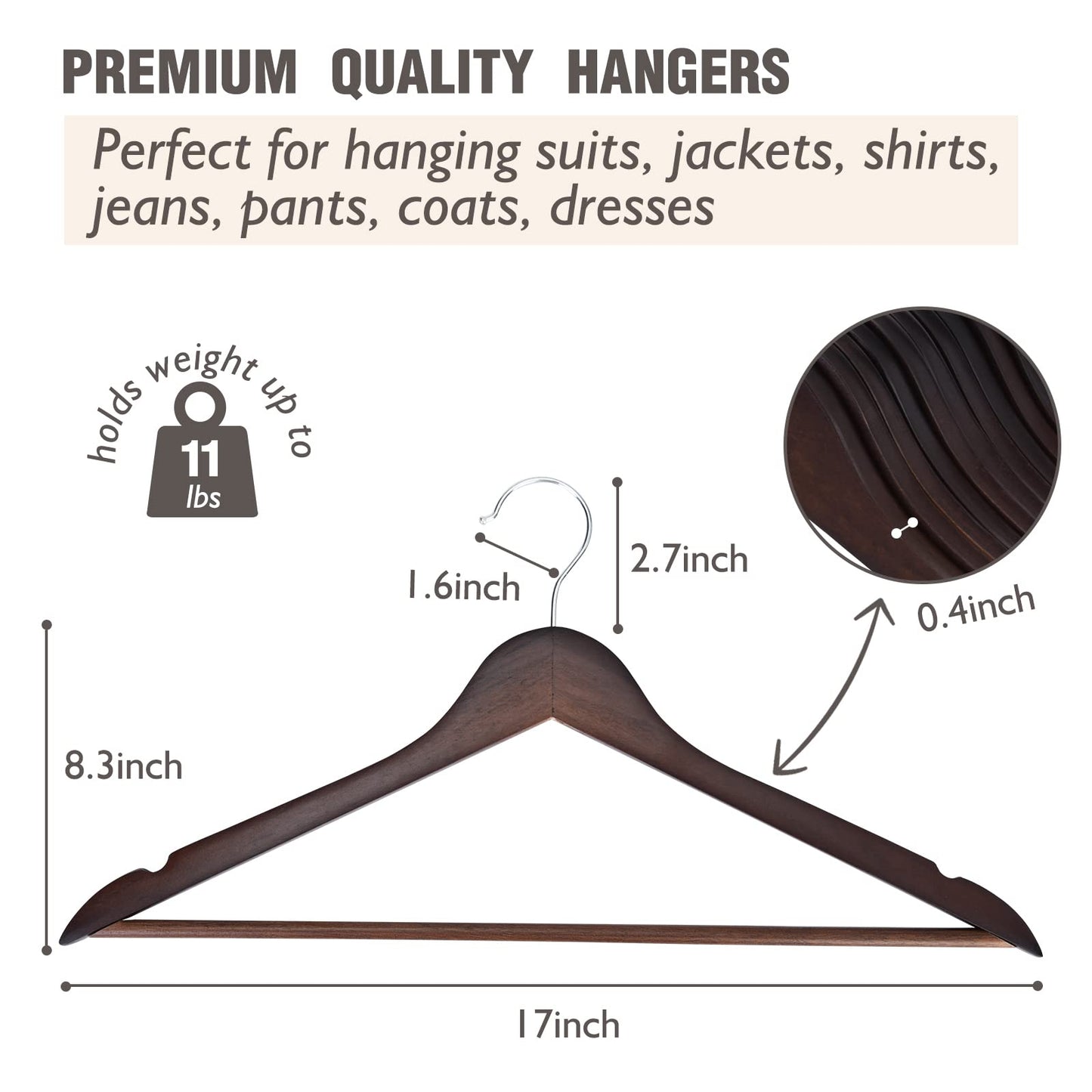 Wood Hangers 30 Pack, Non-Slip Wooden Hangers with 360° Swivel Hook & Notches, Slim Coat Hangers for Shirt, Suit, Jacket, Dress, Natural