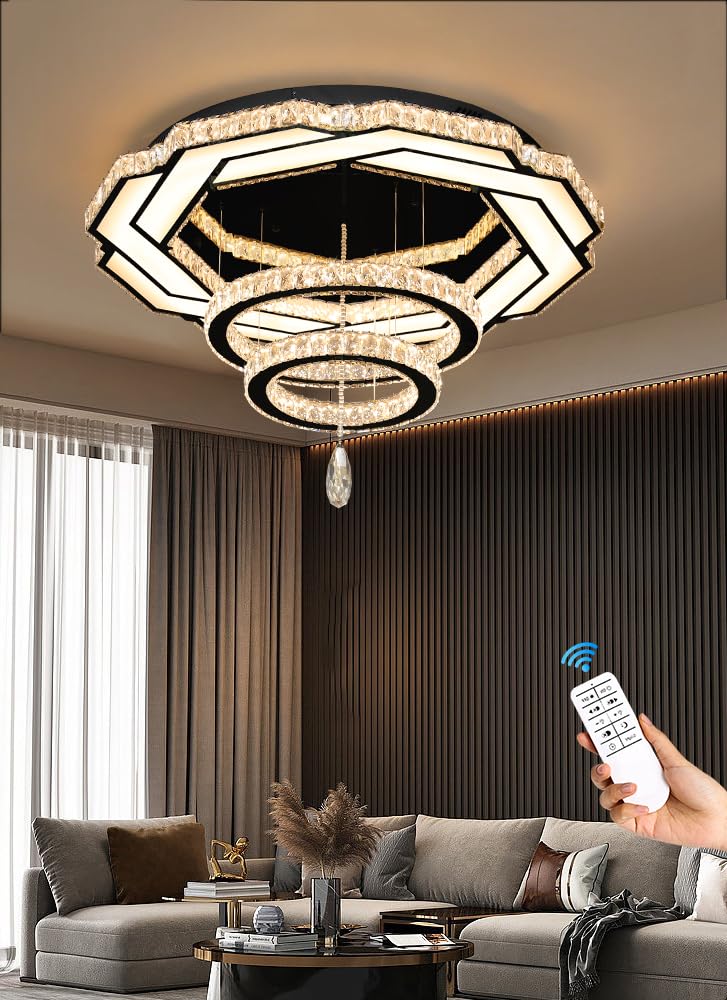 Flashing God Crystal Chandeliers Dia 32" Silver Elegant Chandelier Flush Mount Ceiling Light for Bedroom Living Room Dining Room Hallway Dimmable 3 Rings LED Celing Lighting Fixtures