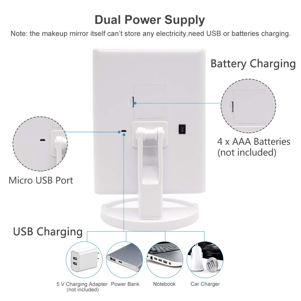 WEILY Makeup Mirror with 21 LED Lights,Two Power Supply Modes, Adjustable Touch Screen and 1x/2x/3x Magnification Tri-Fold Vanity Mirror,Chargeable Travel Cosmetic Mirror for Desktop(White)
