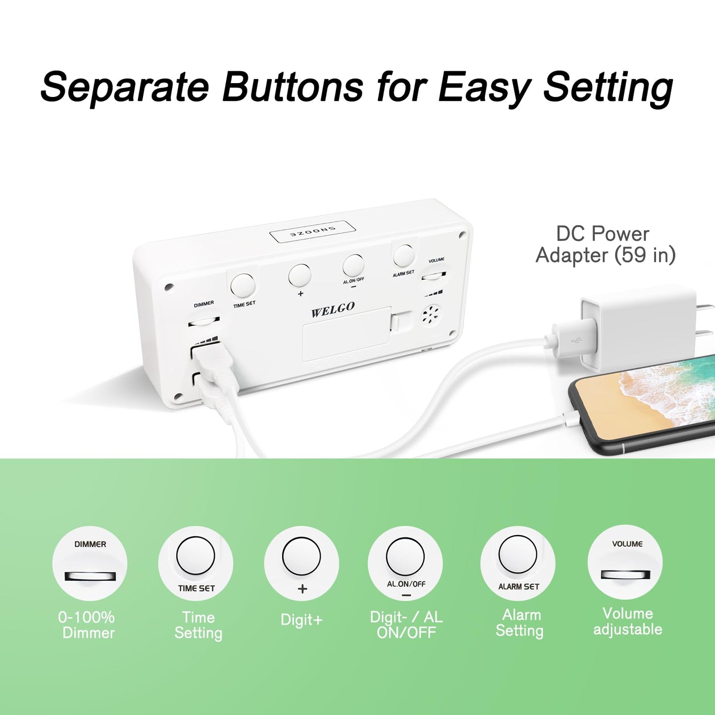 7.5 Inches Large Digital Alarm Clock for Seniors & Kids, 0-100% Dimmable Display, USB Charging Port, Adjustable Volume, Easy Operation, Snooze, Outlet Powered for Bedroom