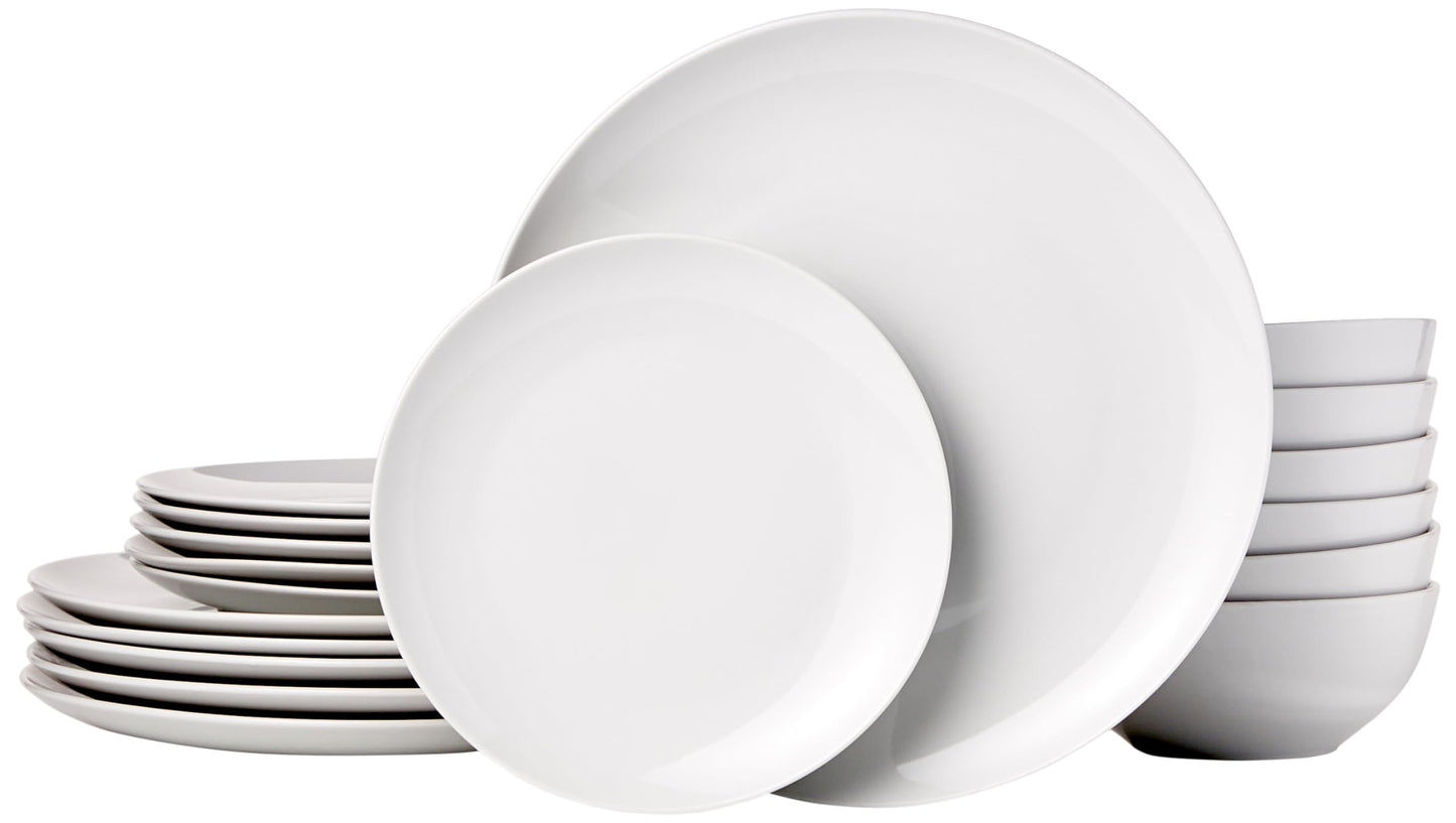 Amazon Basics 18-Piece Kitchen Dinnerware Set, Plates, Dishes, Bowls, Service for 6, White Porcelain Coupe