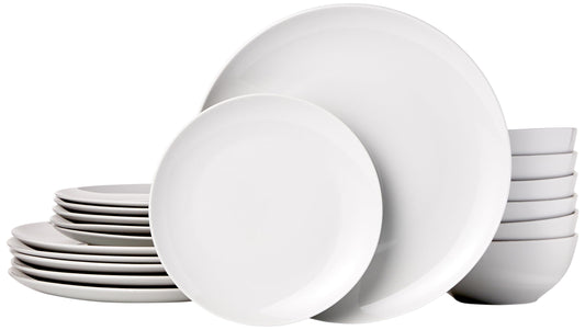 Amazon Basics 18-Piece Kitchen Dinnerware Set, Plates, Dishes, Bowls, Service for 6, White Porcelain Coupe