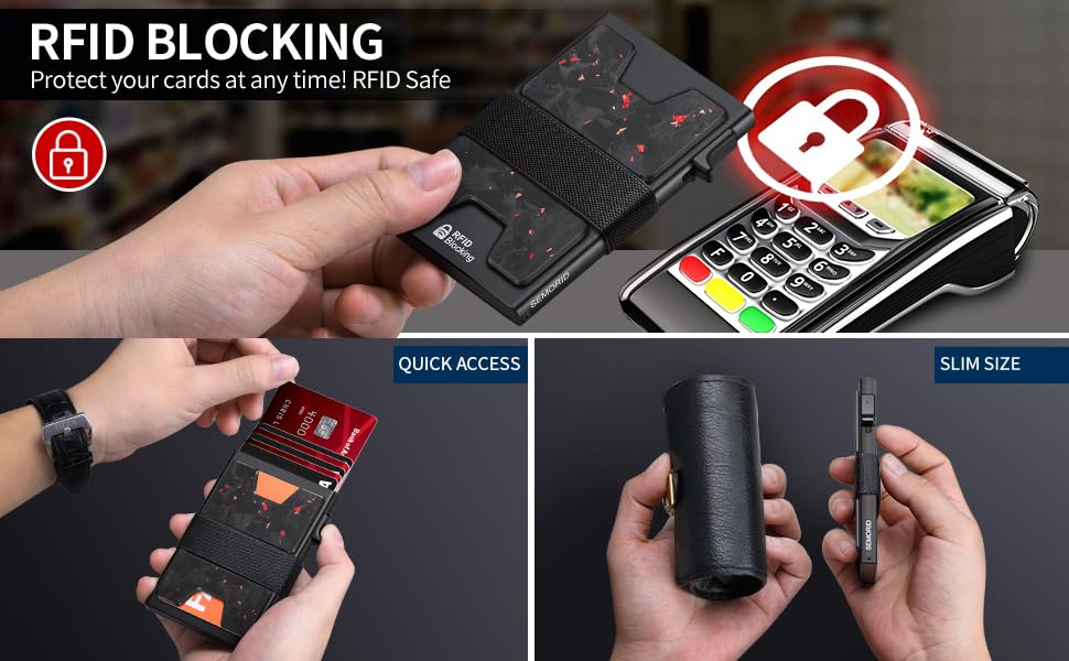 Slim Aluminum Card Holder Wallet for Men, Durable Expandable Backplate, RFID Blocking Minimalist Metal Pop Up Wallet, Holds 12+ Cards Plus Cash (Black)