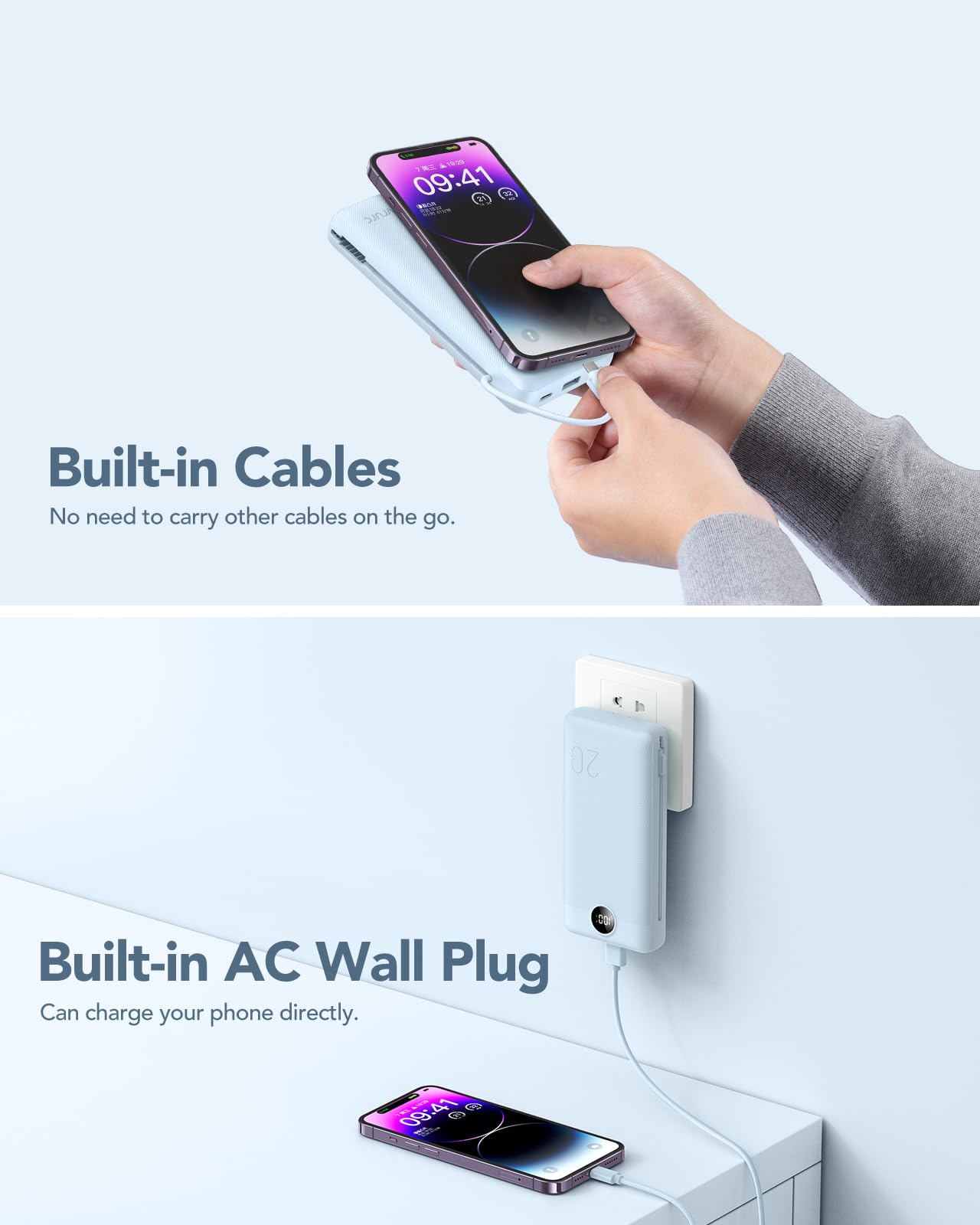 VRURC Power Bank 20000mAh, Fast Charging Portable Charger USB C,4 Output 2 Input Charging Bank Equipped with LED Display,Built-in Wall Plug and Cables,Cell Phone Replacement Battery,White