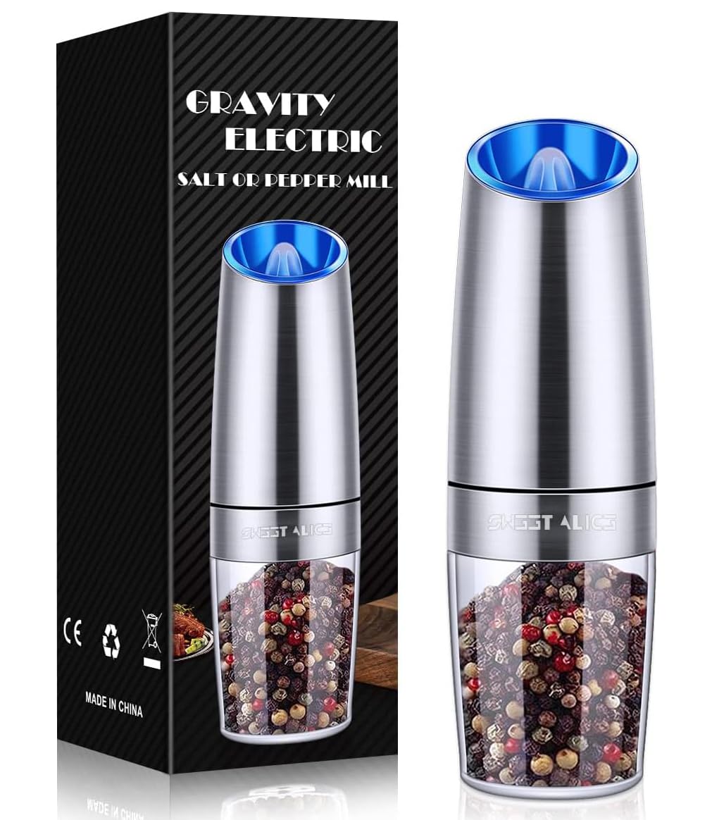 Gravity Electric Pepper and Salt Grinder Set, Salt and Pepper Mill & Adjustable Coarseness, Battery Powered with LED Light, One Hand Automatic Operation, Stainless Steel (Set/Silver)
