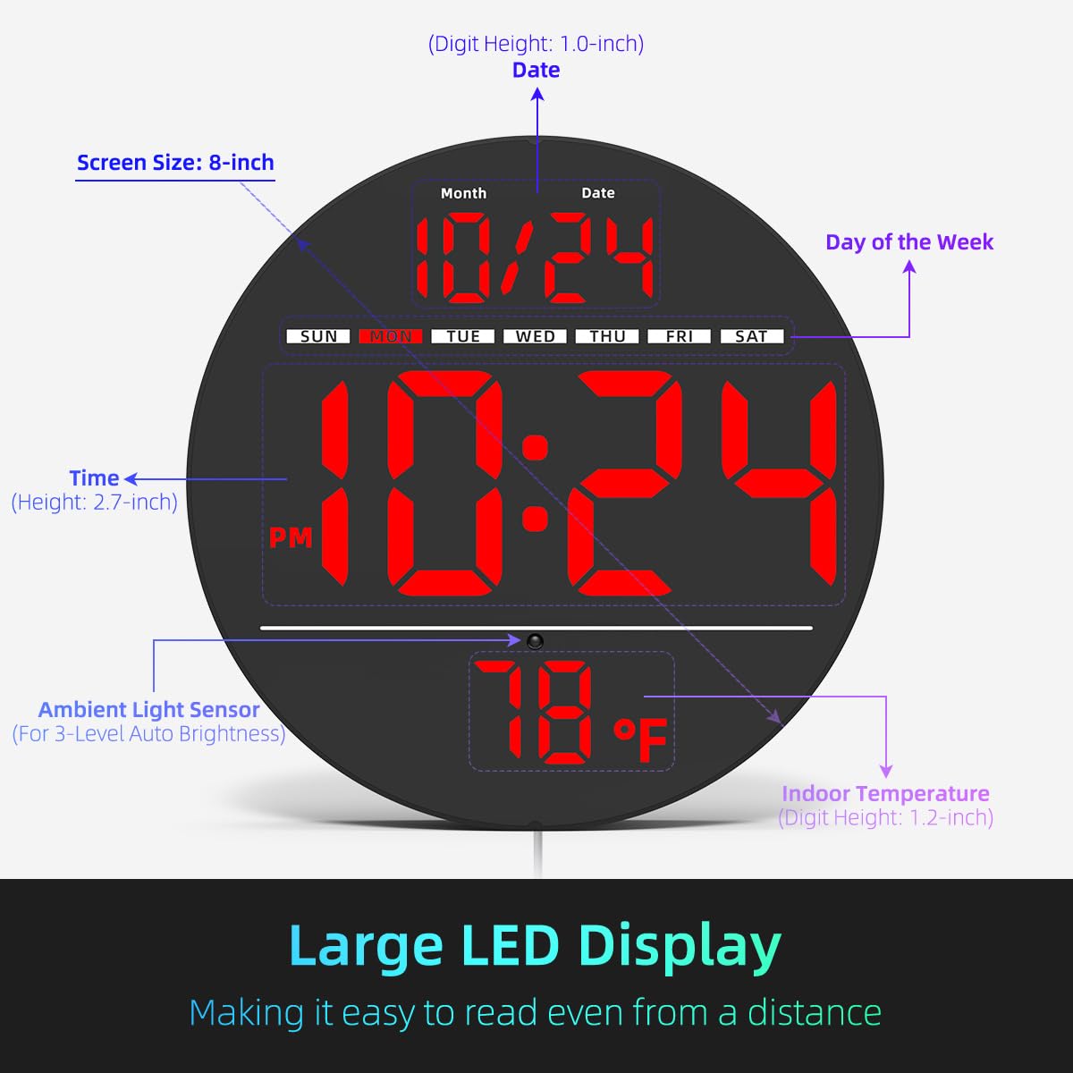 Digital Wall Clock with Large LED Display, Auto-Brightness, Temperature, Low-Reflectivity, Small Silent Non-Ticking Modern Electric Wall Clock for Bedroom, Living Room, Office, Classroom, Farmhouse