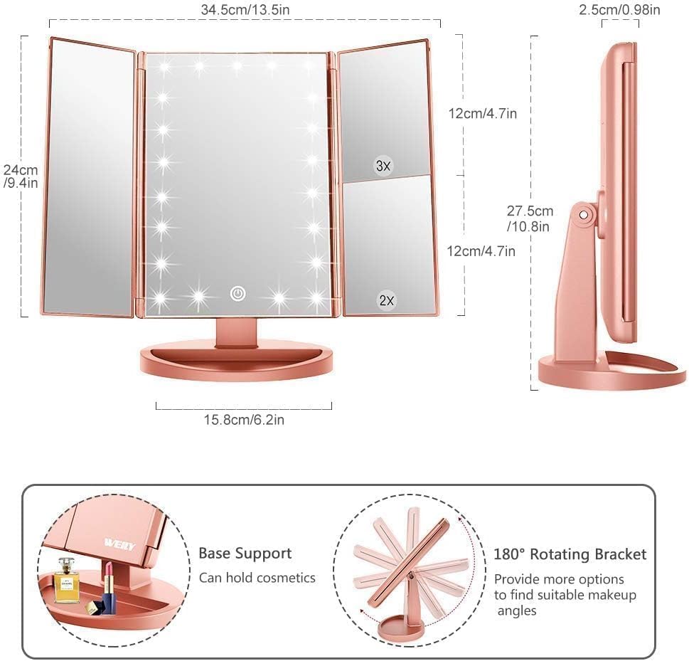 WEILY Makeup Mirror with 21 LED Lights,Two Power Supply Modes, Adjustable Touch Screen and 1x/2x/3x Magnification Tri-Fold Vanity Mirror,Chargeable Travel Cosmetic Mirror for Desktop(White)