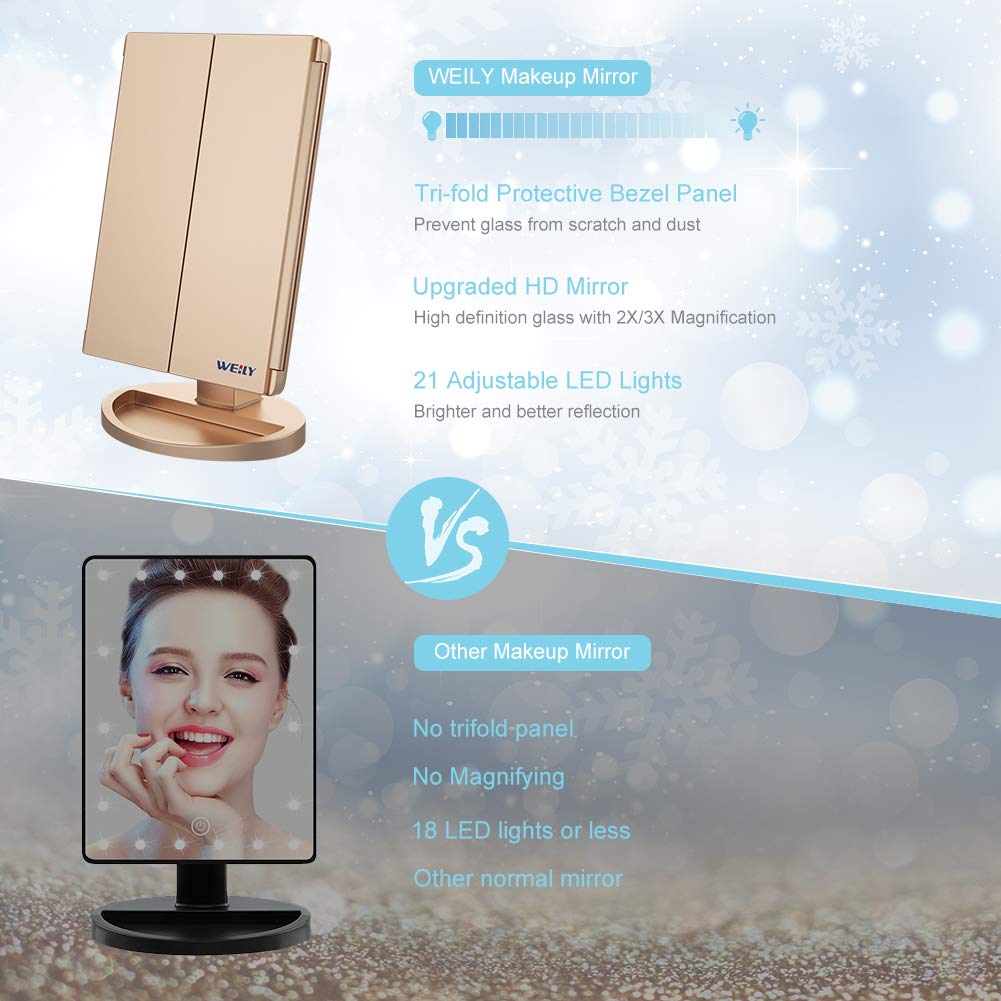 WEILY Makeup Mirror with 21 LED Lights,Two Power Supply Modes, Adjustable Touch Screen and 1x/2x/3x Magnification Tri-Fold Vanity Mirror,Chargeable Travel Cosmetic Mirror for Desktop(White)