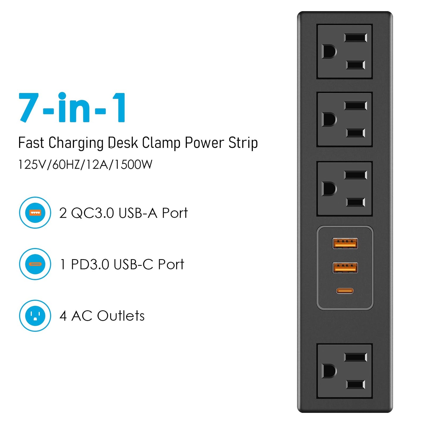 CCCEI Desk Clamp Power Strip with USB-A and USB-C Ports, Desktop Mount Surge Protector 1200J, Widely Spaced Desk Outlet Station, Fast Charging, 6 FT Flat Plug, Fit 1.9 inch Tabletop Edge. (Black)