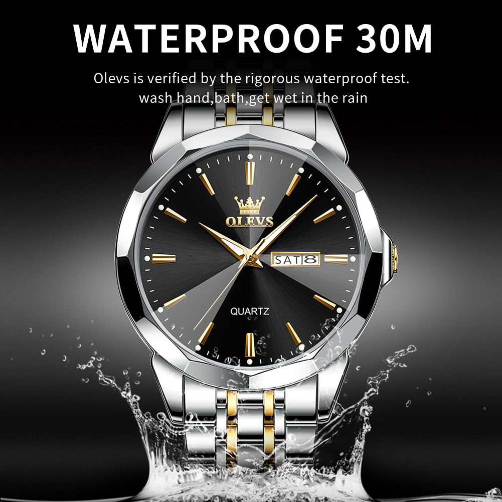 OLEVS Watch for Men Diamond Business Dress Analog Quartz Stainless Steel Waterproof Luminous Date Two Tone Luxury Casual Wrist Watch