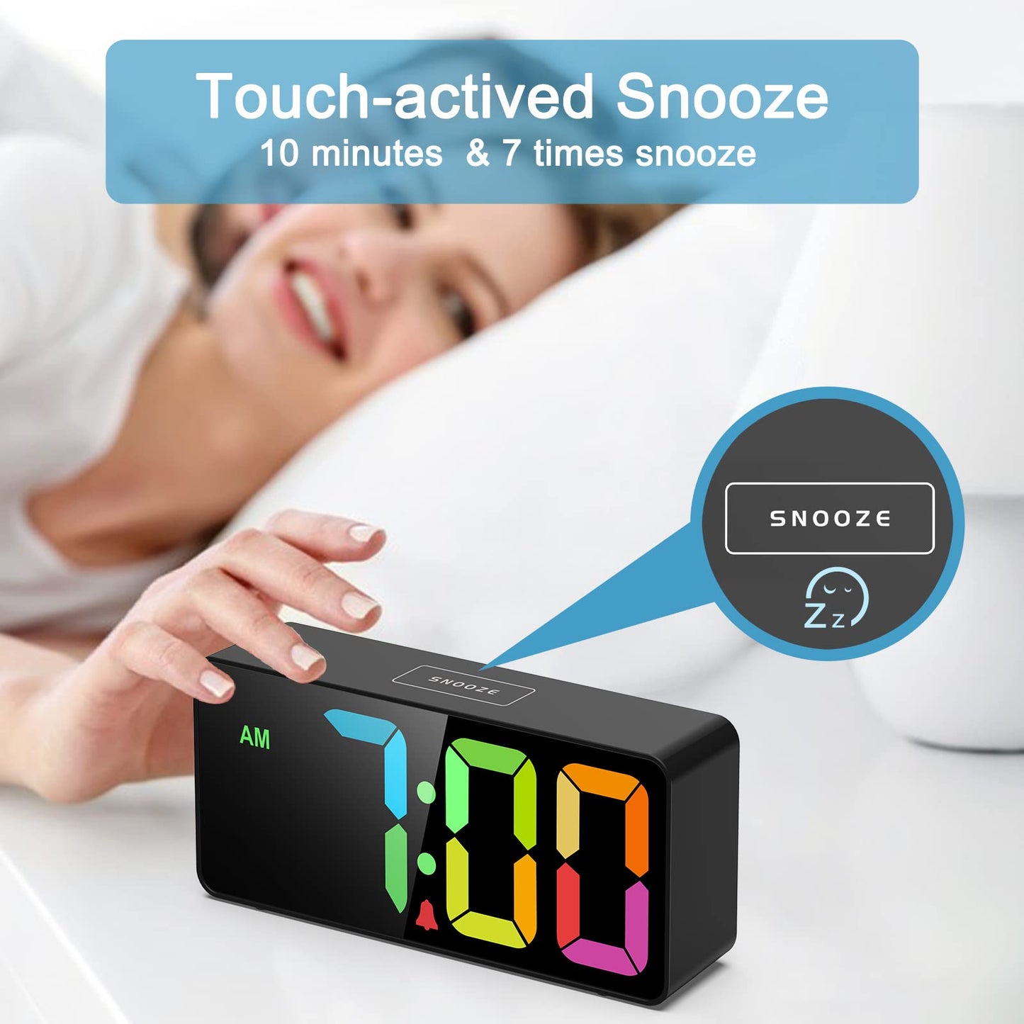 7.5 Inches Large Digital Alarm Clock for Seniors & Kids, 0-100% Dimmable Display, USB Charging Port, Adjustable Volume, Easy Operation, Snooze, Outlet Powered for Bedroom