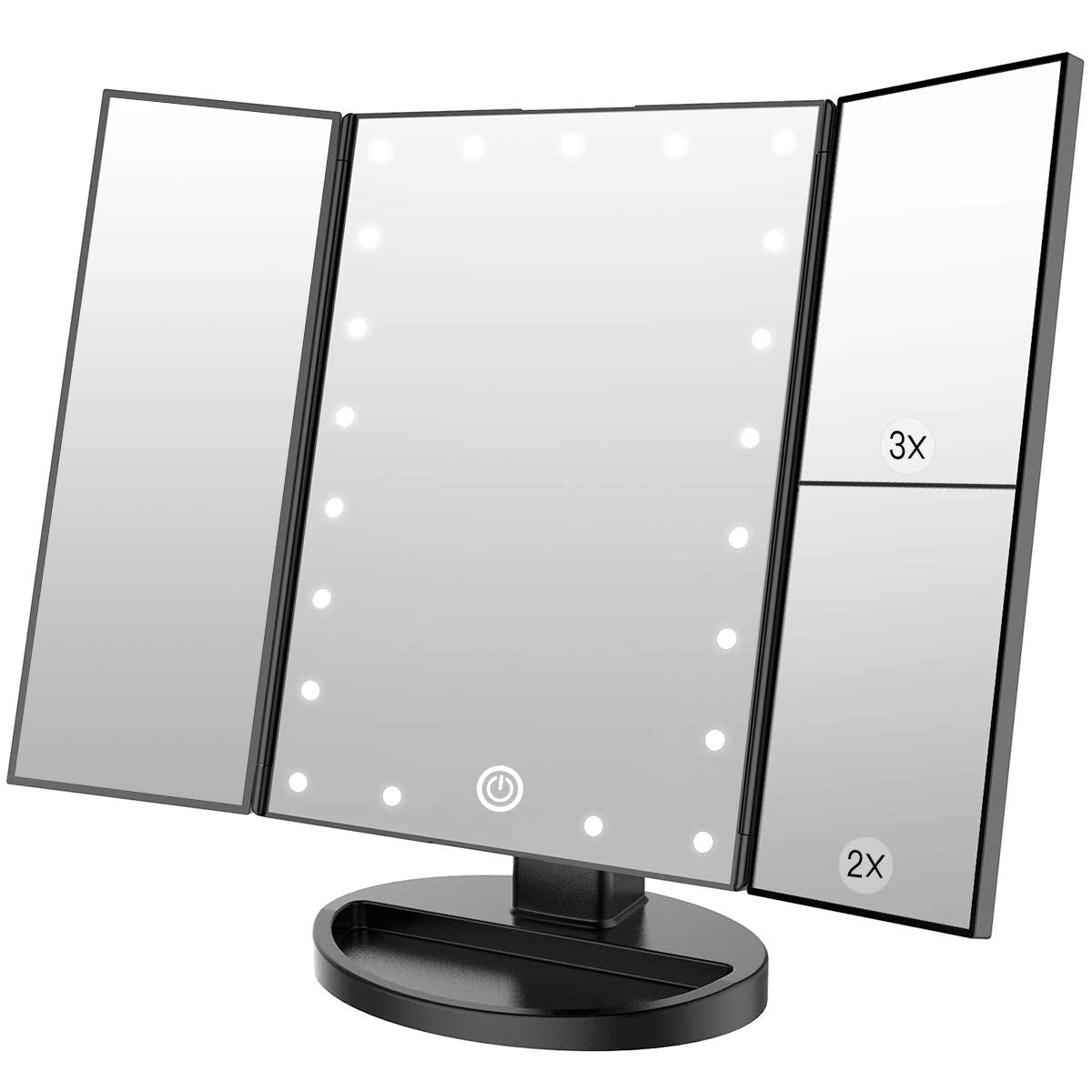 WEILY Makeup Mirror with 21 LED Lights,Two Power Supply Modes, Adjustable Touch Screen and 1x/2x/3x Magnification Tri-Fold Vanity Mirror,Chargeable Travel Cosmetic Mirror for Desktop(White)