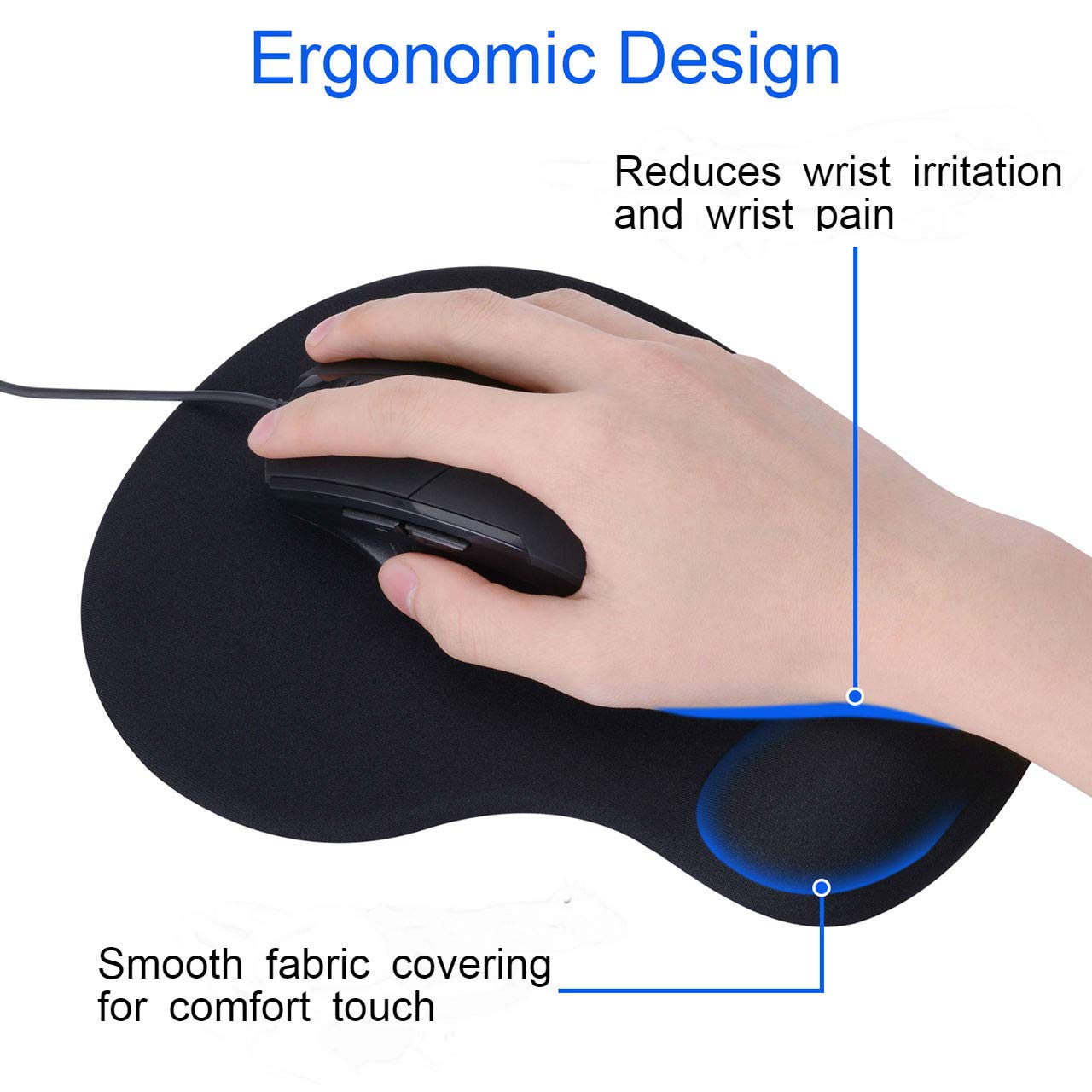 JIKIOU Mouse Pad, 2 Pack Ergonomic Mouse Pads with Comfortable Gel Wrist Rest Support and Lycra Cloth, Non-Slip PU Base for Easy Typing Pain Relief Durable and Easy to Clean Small Black