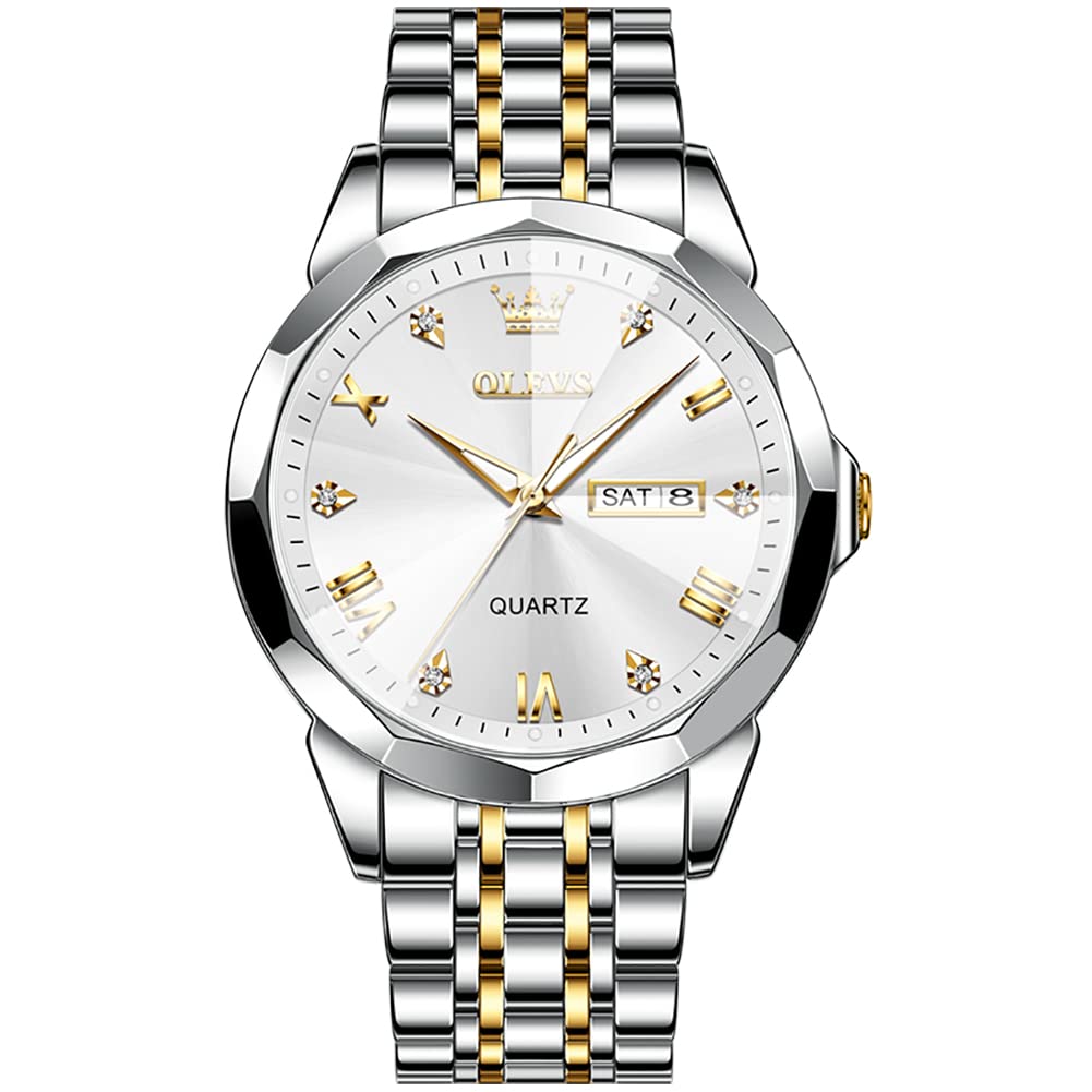 OLEVS Watch for Men Diamond Business Dress Analog Quartz Stainless Steel Waterproof Luminous Date Two Tone Luxury Casual Wrist Watch