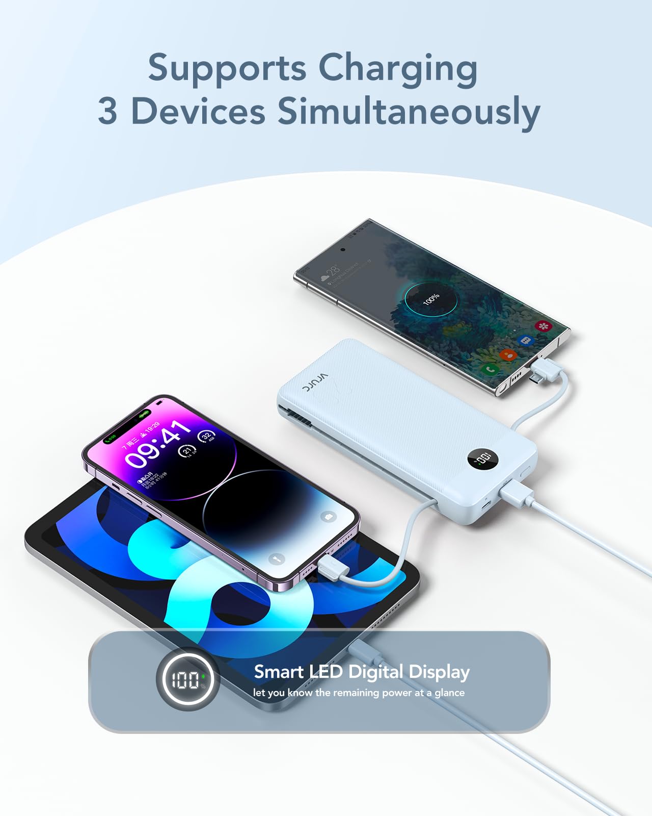 VRURC Power Bank 20000mAh, Fast Charging Portable Charger USB C,4 Output 2 Input Charging Bank Equipped with LED Display,Built-in Wall Plug and Cables,Cell Phone Replacement Battery,White