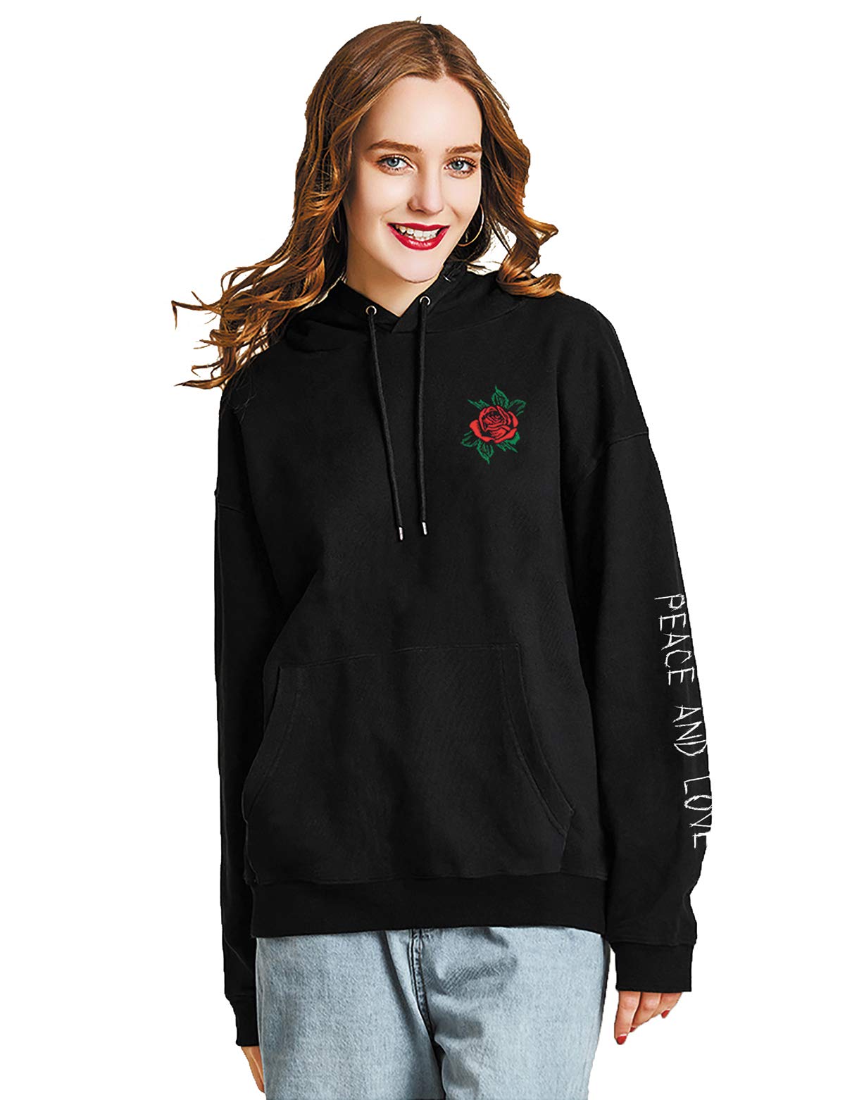 Rose Embroidered Hoodie For Men Women Long Sleeve Letters Printed Hip Hop Hoodie Hooded Sweatshirt