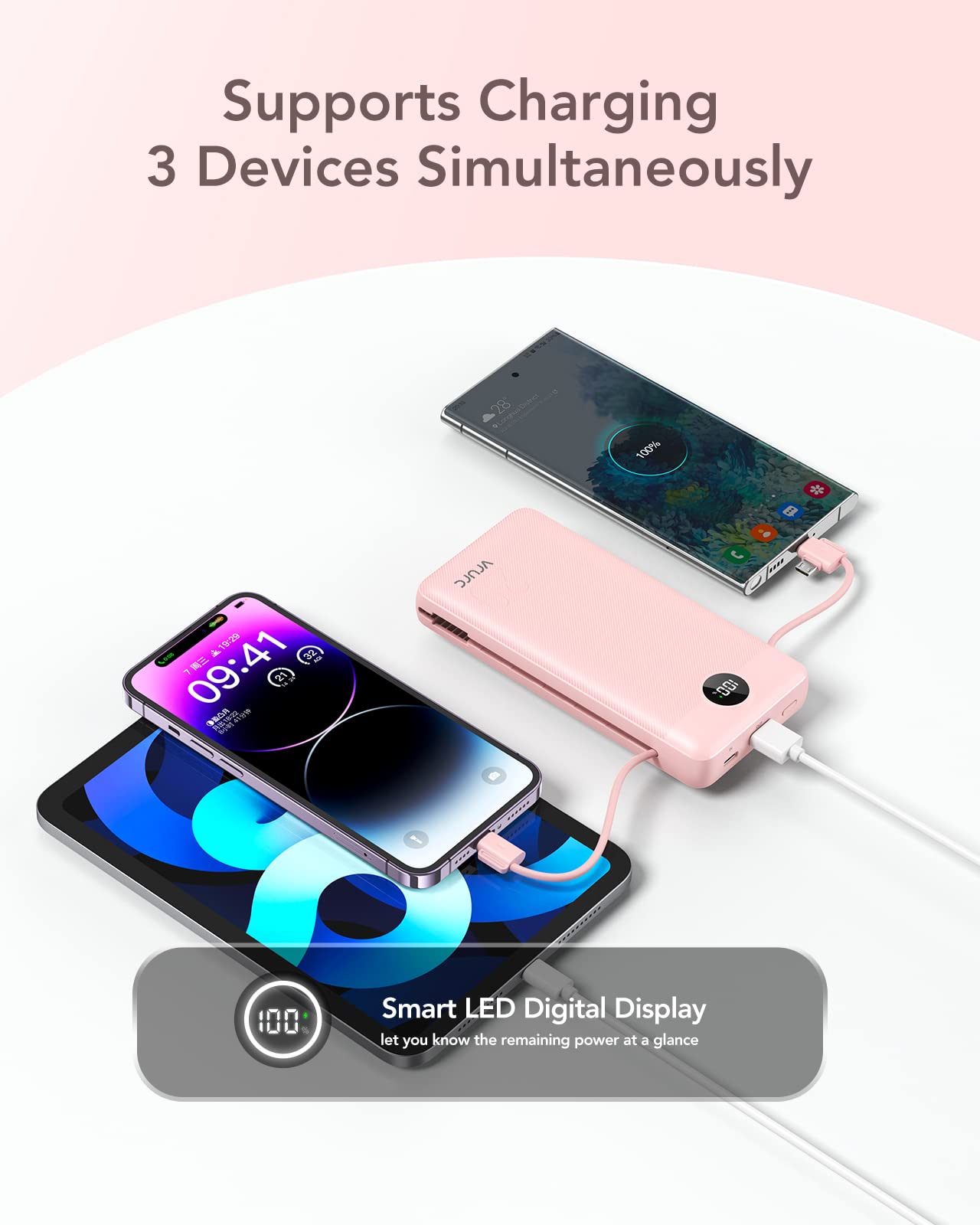 VRURC Power Bank 20000mAh, Fast Charging Portable Charger USB C,4 Output 2 Input Charging Bank Equipped with LED Display,Built-in Wall Plug and Cables,Cell Phone Replacement Battery,White